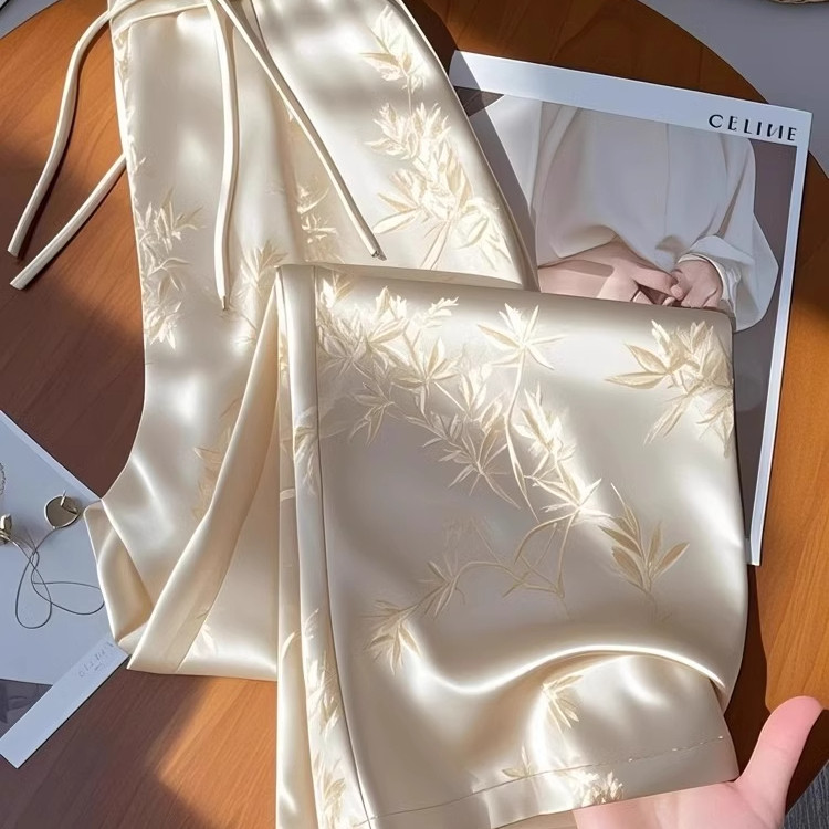 春秋新款大码胖妹妹新中式直筒香槟色醋酸缎面提花阔腿裤子休闲裤