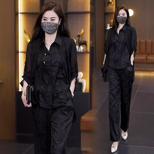 复古新中式 休闲裤 套装 胖mm高贵气质假两件衬衫 两件套 女夏新款 大码