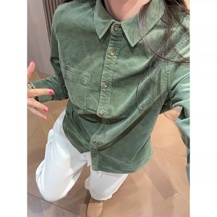 百搭显瘦POLO领衬衫 小个子复古洋气减龄休闲风条绒绿色衬衫 女长袖