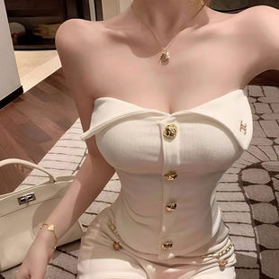 女士辣妹性感一字肩抹胸上衣夏季带胸垫修身抹胸短款外穿内搭背心