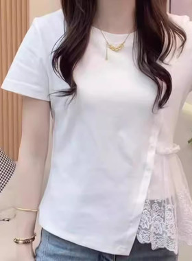 蕾丝拼接白色衬衣夏季大码装