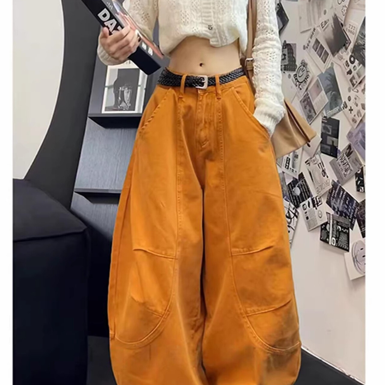 美式复古橘色弯刀直筒裤女