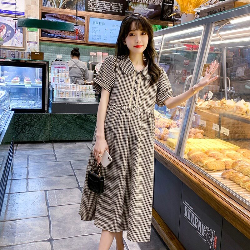MATERNITY DRESS SUMMER STYLE LOOSE FASHION NEW SHORT SLEEVE WOMENS CASUAL PLAID LONG SKIRT DOLL COLLAR MATERNITY DRESS SUMMER STYLE