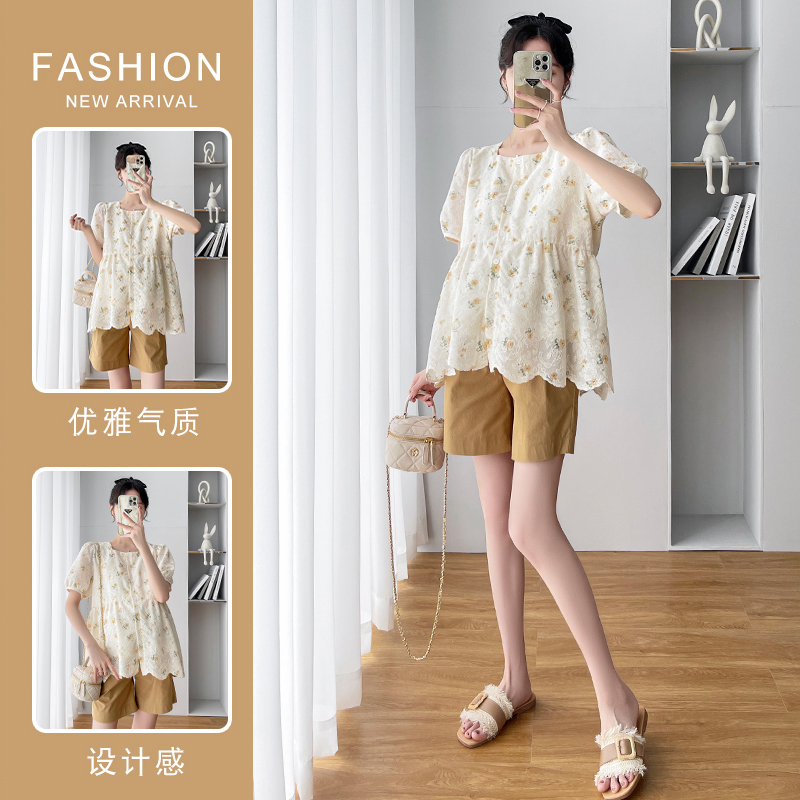 MATERNITY SUMMER SUIT THIN CASUAL OUTING PANTS SUMMER LACE SHORT SLEEVE SUMMER TOP PRENATAL CHECKUP TWO-PIECE SET