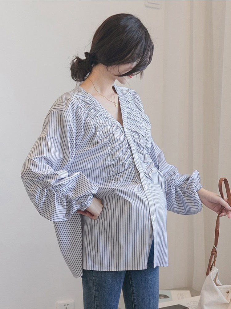 AMUM MATERNITY WEAR V-NECK STRIPED SHIRT DESIGN COTTON LOOSE AND FASHIONABLE PREGNANT MOM LONG SLEEVE TOP