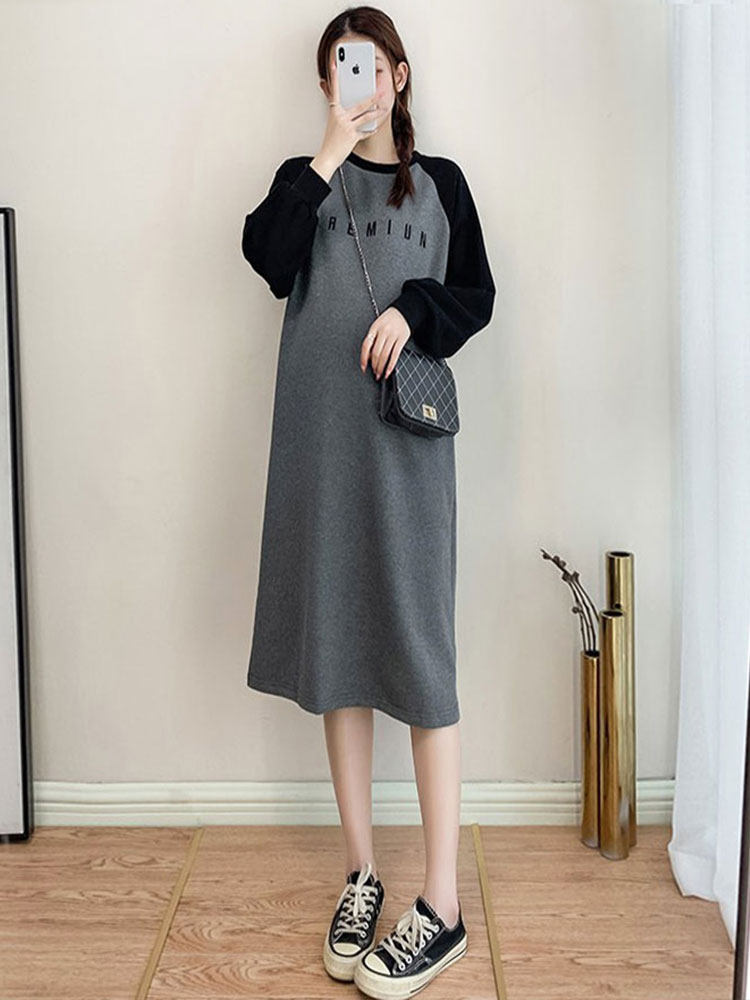 MATERNITY WEAR COLLEGE STYLE PULLOVER MID-LENGTH OVER-THE-KNEE SPRING AUTUMN WINTER LOOSE T-SHIRT SWEATSHIRT DRESS