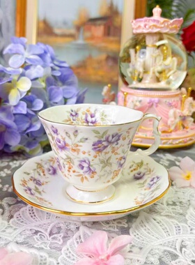 西洋古董 albert 1982杯内外紫色花卉 鎏金骨瓷咖啡杯碟 现货