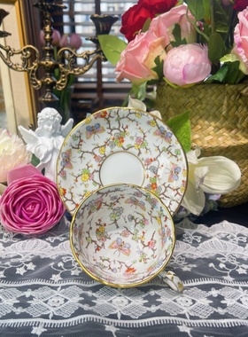 西洋古董 stafford 手绘树枝花与蝴蝶阔口鎏金骨瓷咖啡杯碟 现货