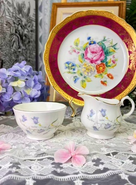 西洋古董 duchess 全手绘蓝色花卉鎏金壶糖奶 现货