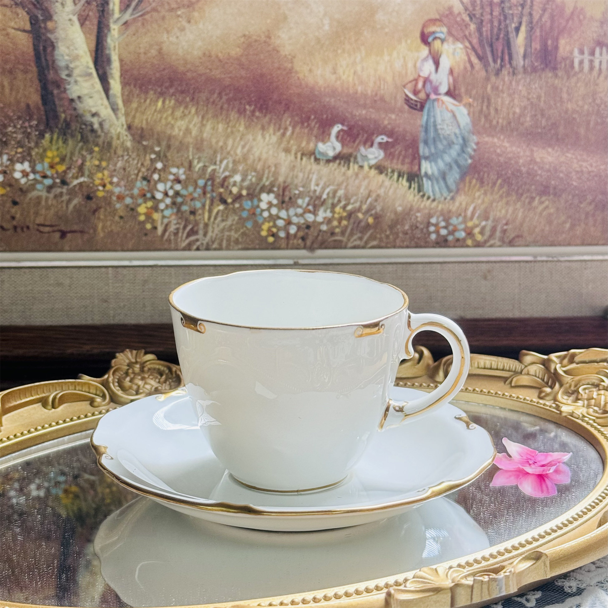 西洋古董 crown derby regency 白釉钻石描金骨瓷咖啡杯碟 现货