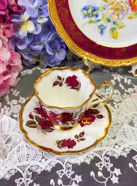 西洋古董adderley 1789金边杯内外红色玫瑰 骨瓷咖啡杯碟 现货
