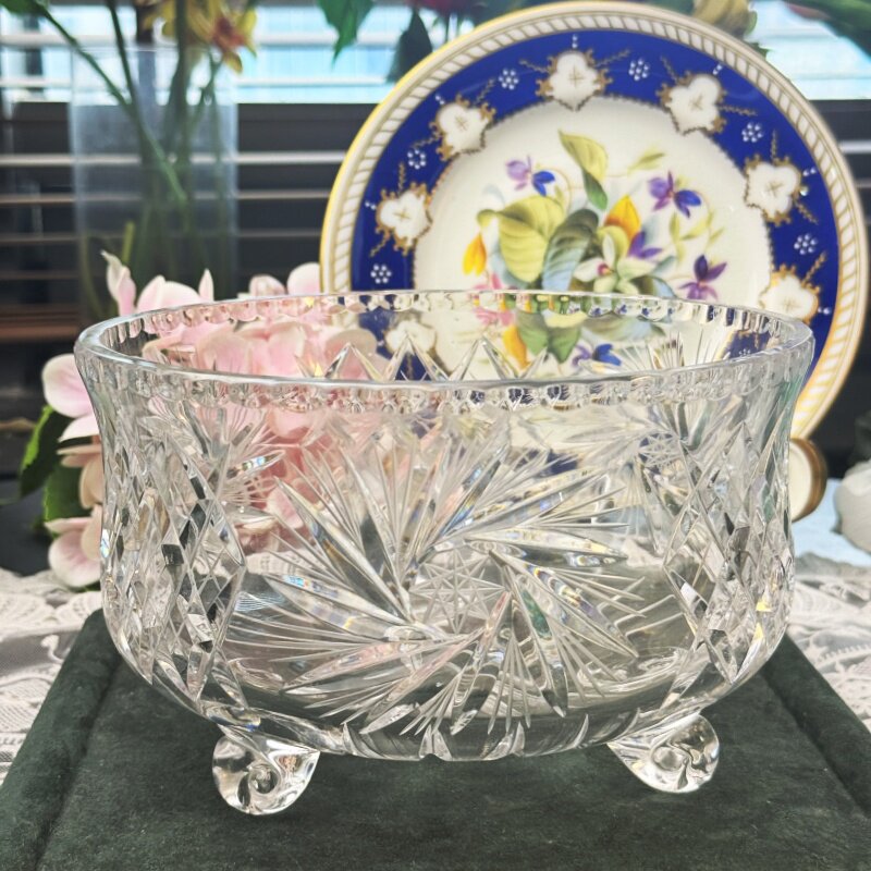 西洋古董 德国产 重工机切太阳花 透亮大号三足水晶盆 现货