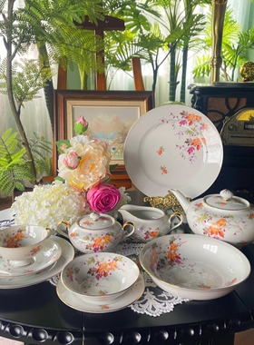 西洋古董 德瓷 bavaria 巴伐利亚全手绘彩色枫叶壶糖奶罐杯碟现货