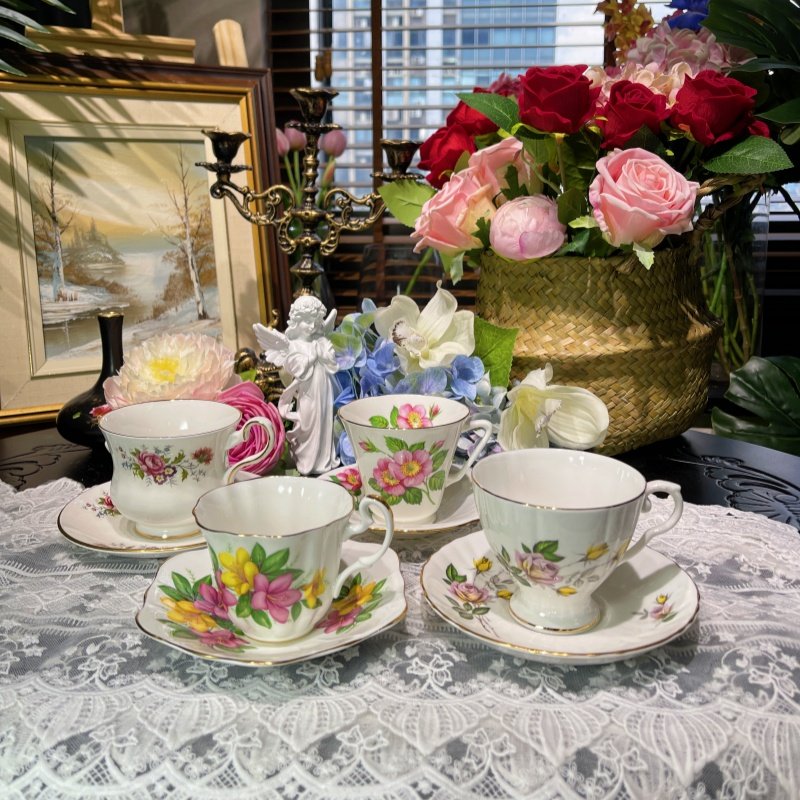 西洋古董 royal grafton 各色花色鎏金骨瓷咖啡杯碟大集合 现货