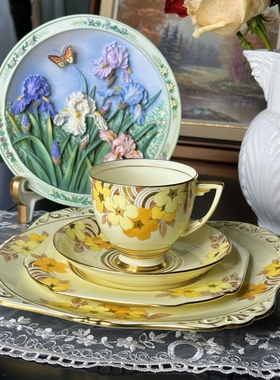 西洋古董 grafton 奶白釉黄色花卉鎏金骨瓷咖啡杯碟 蛋糕盘 现货