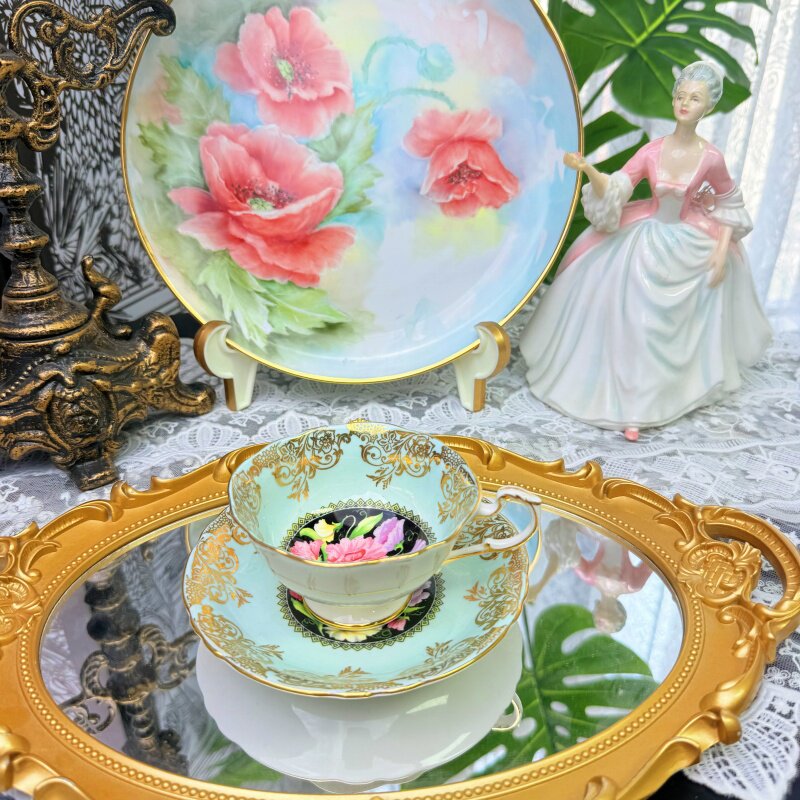 西洋古董 paragon十字口 黑底金蕾丝豌豆花阔口骨瓷杯碟 现货