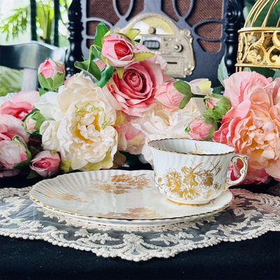 西洋古董 hammersley 金色菊花金骨瓷咖啡杯碟 现货