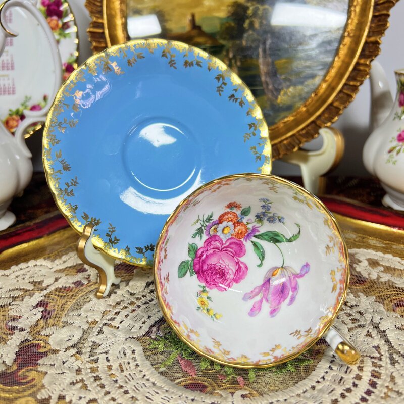 西洋古董 aynsley 蓝釉金蕾丝杯底玫瑰花束阔口骨瓷咖啡杯碟 现货