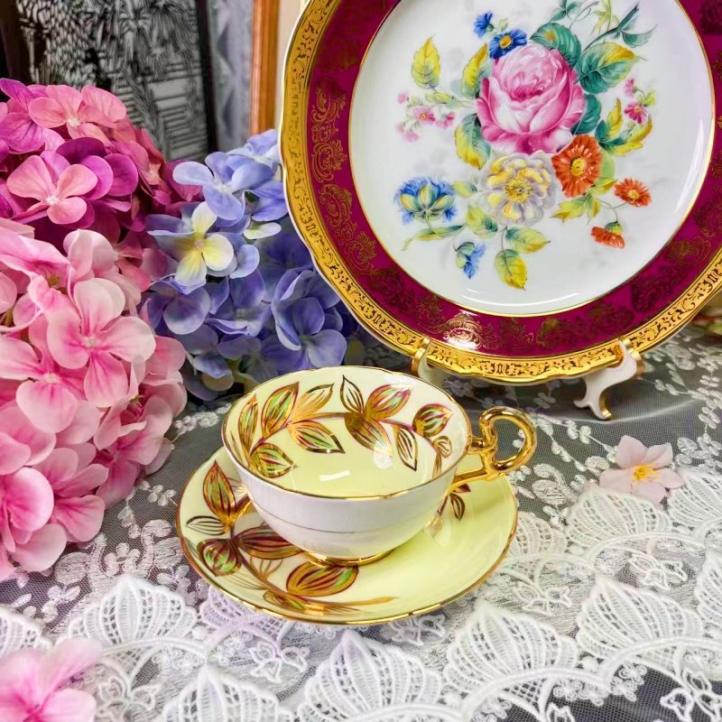 西洋古董royal grafton 黄釉重金叶花环 骨瓷咖啡杯碟 现货