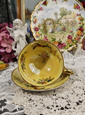 西洋古董bayreuth 德瓷珠光釉切尔西富贵鸟鎏金硬瓷红茶杯碟 现货