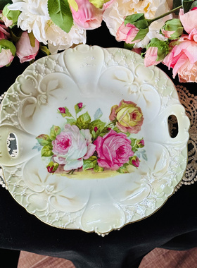西洋古董 老欧洲 1920s 全手绘玫瑰花卉双耳蛋糕盘 现货