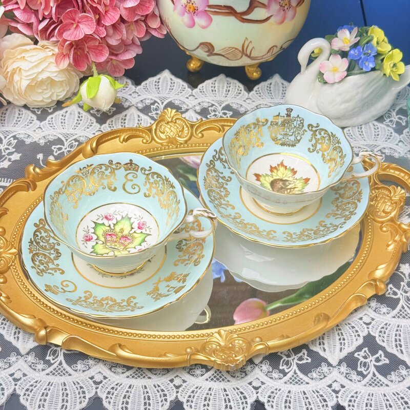西洋古董 paragon蓝釉金蕾丝加拿大纪念阔口鎏金骨瓷咖啡杯碟现货