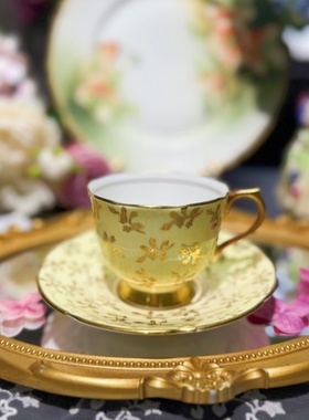 西洋古董 collingwoods 黄釉满金树叶 立座鎏金骨瓷咖啡杯碟 现货
