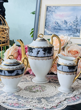 西洋古董 老捷克 iris 黑釉手绘人物风景图案壶糖奶杯碟套系现货