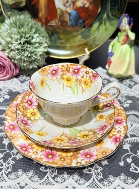 西洋古董 albert 初代1920s全手绘彩色花卉鎏金骨瓷咖啡杯碟 现货