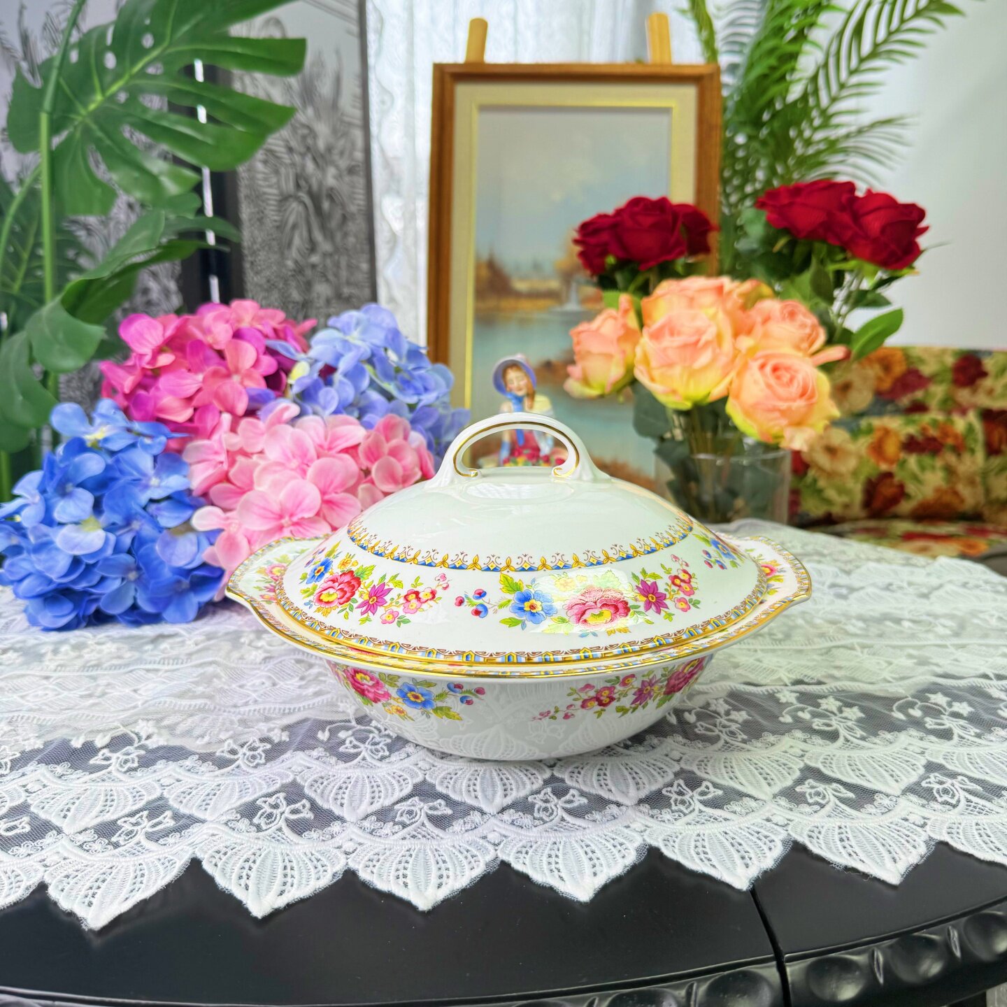 西洋古董 grafton 格拉夫顿 明玫瑰 带盖 鎏金骨瓷双耳汤锅 现货