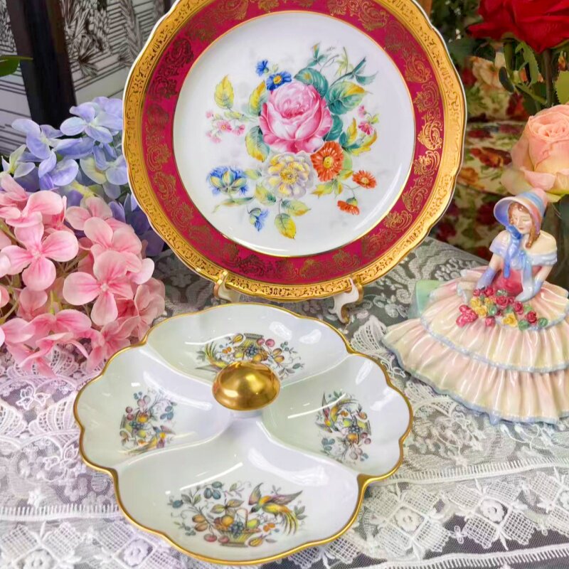 西洋古董limoges 鎏金水果花篮与鸟 四向分割盘 现货