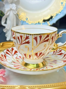 西洋古董 tuscan 全手绘金蕾丝红色花卉锯齿金立座鎏金杯碟 现货