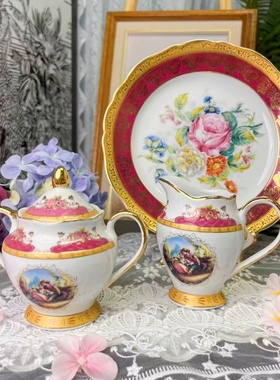 西洋古董捷克 Thun 图恩 50年代 24k鎏金爱情故事壶糖奶杯碟现货