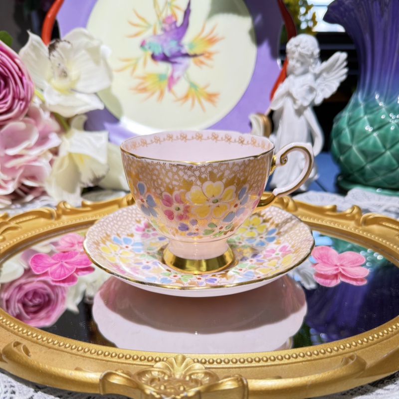 西洋古董 tuscan 粉釉全手绘彩色花卉立座鎏金骨瓷咖啡杯碟 现货