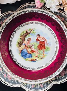 西洋古董 bavaria 手绘钴红爱情故事人物金玫瑰花环赏盘 现货