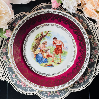 西洋古董 bavaria 手绘钴红爱情故事人物金玫瑰花环赏盘 现货