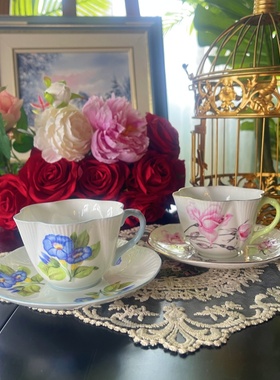 西洋古董 shelley 彩色手柄珐琅彩艺术花卉鎏金骨瓷咖啡杯碟 现货