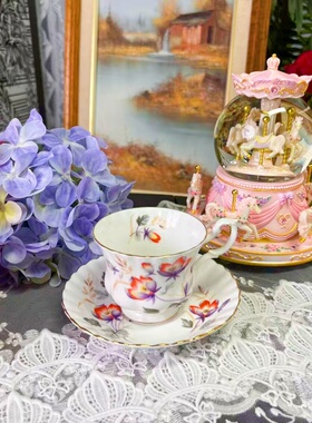 西洋古董albert 紫色花朵骨瓷咖啡杯碟 现货