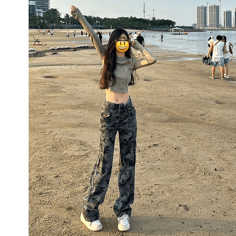 175高个子加长迷彩工装裤女辣妹高街秋季高腰宽松显瘦阔腿拖地裤