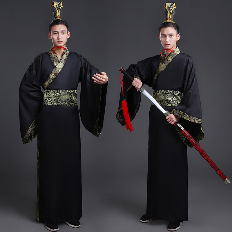 古装古代服装年会演出服学生男男士曲裾书生男黑色汉服直裾深衣