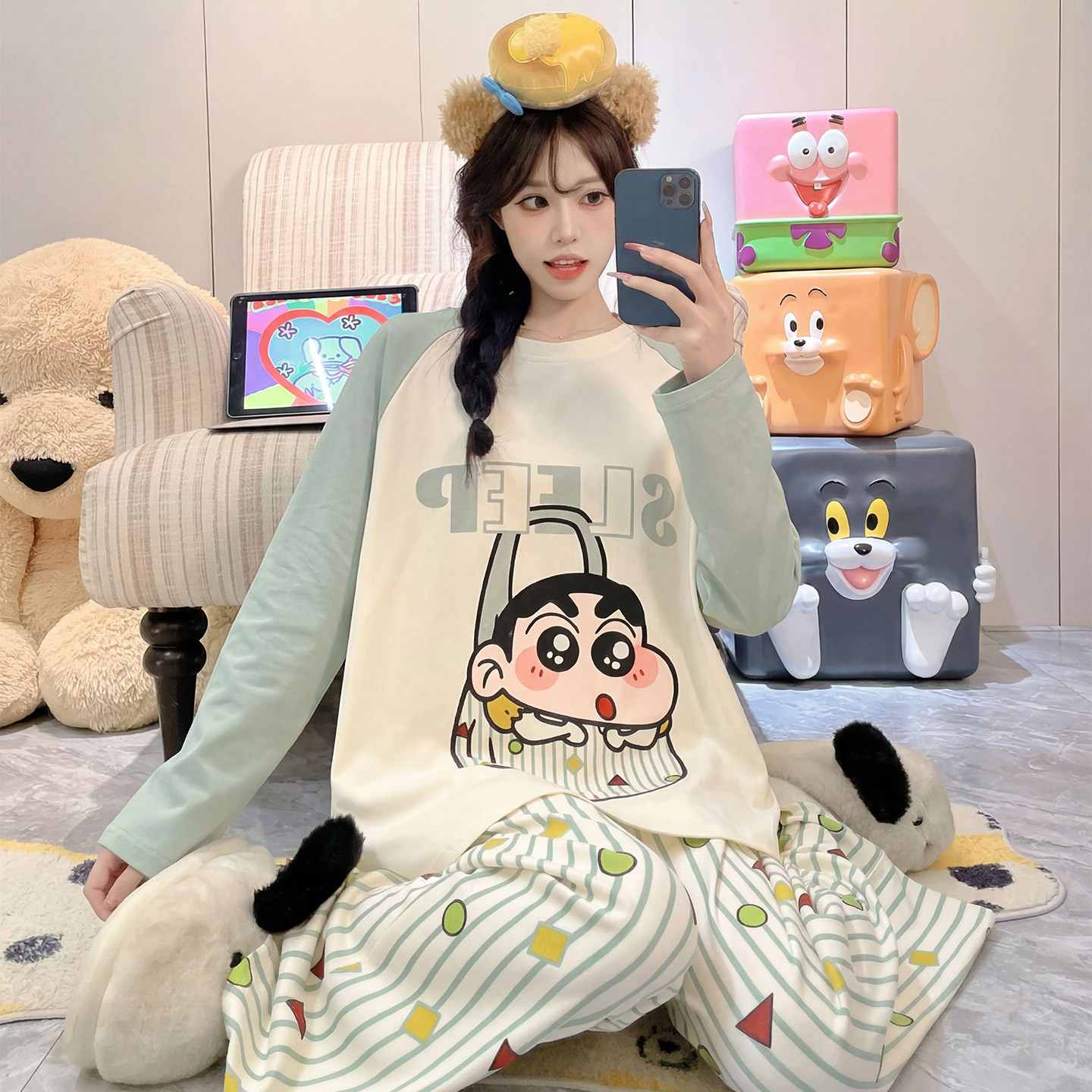 春秋季可爱卡通纯棉长袖睡衣少女学生ins风蜡笔小新家居服套装