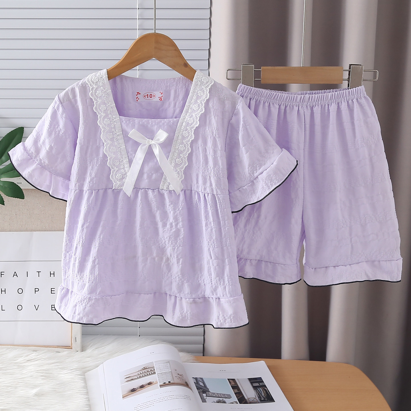 儿童睡衣女夏季简约纯色公主风中大童女童纯棉短袖家居服套装套装