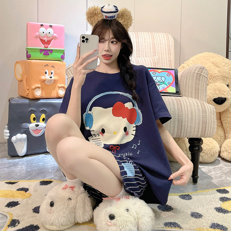 夏季新款ins卡通kitty猫纯棉短袖短裤睡衣少女学生大码家居服套装
