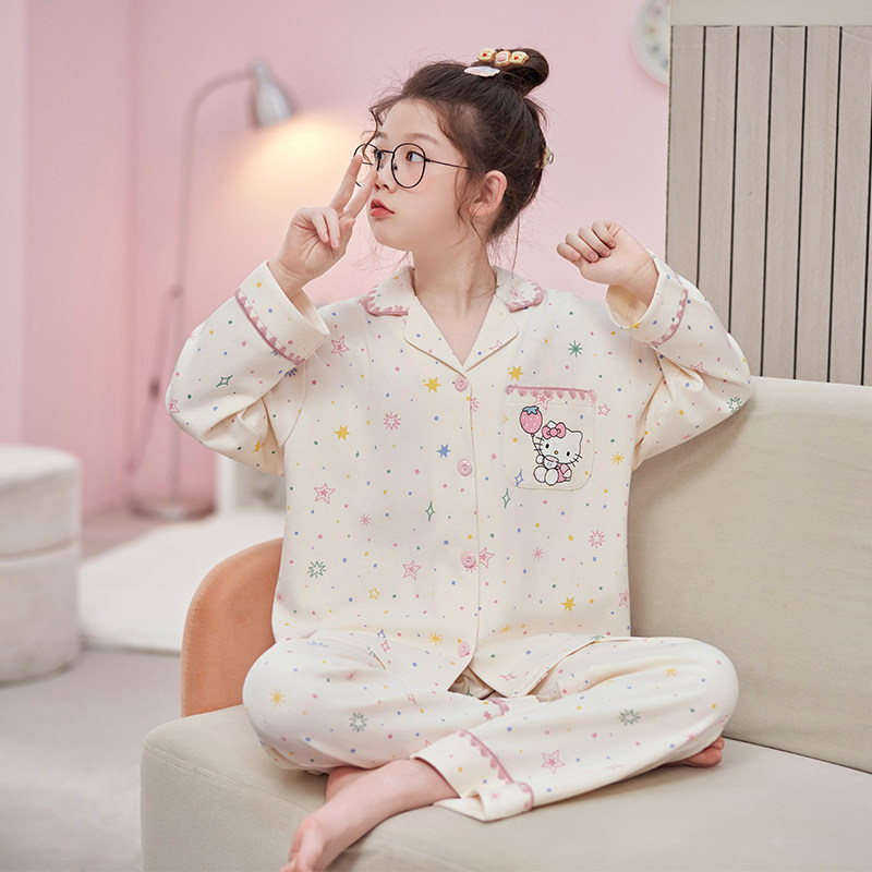 儿童纯棉睡衣女春秋季卡通kitty猫女孩中大童长袖开衫家居服套装