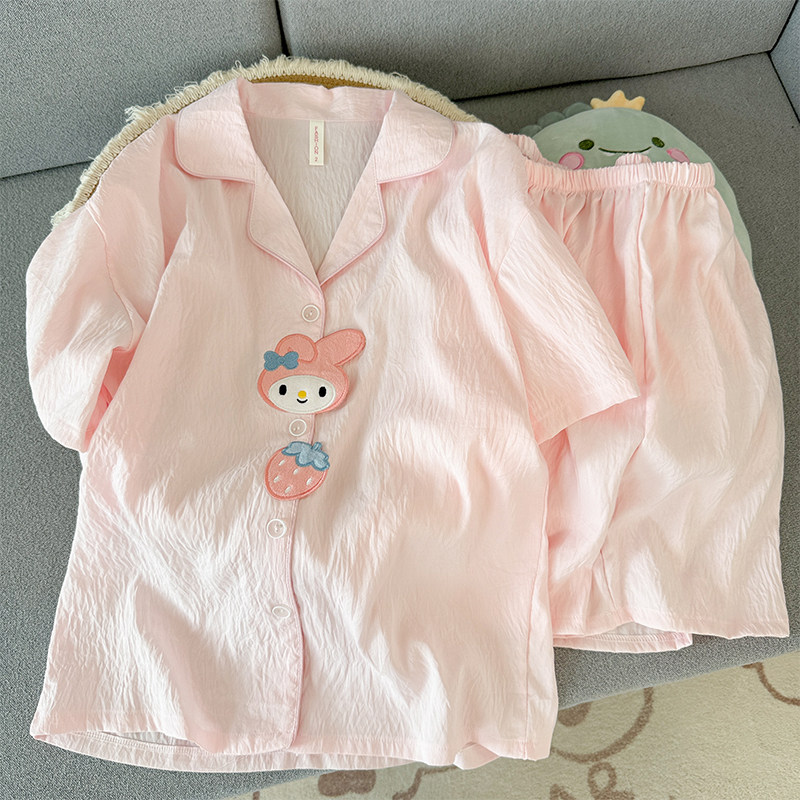 夏季纯棉短袖短裤睡衣日系ins卡通玉桂狗少女学生开衫家居服套装