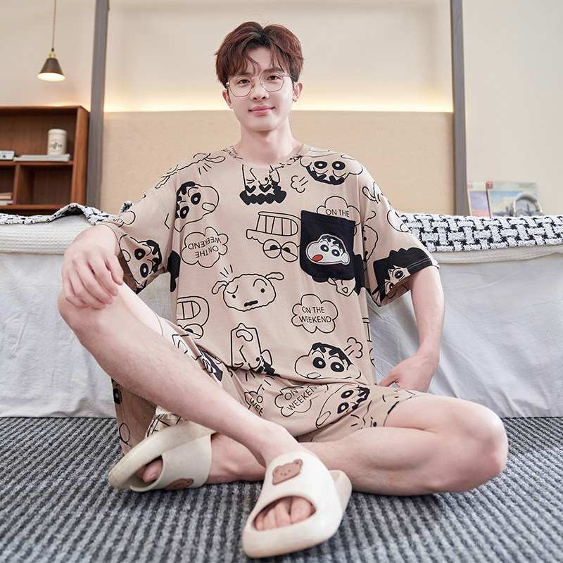 睡衣男夏季莫代尔纯棉卡通蜡笔小新青少年学生凉感薄款家居服套装