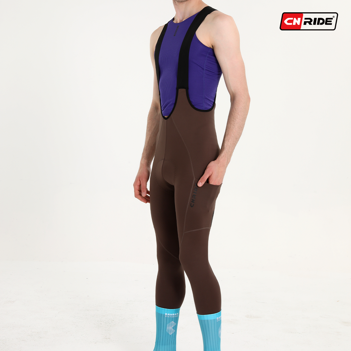 CNRIDE秋冬专业新款咖啡色抓绒保暖背带骑行裤公路山地车磨毛长裤