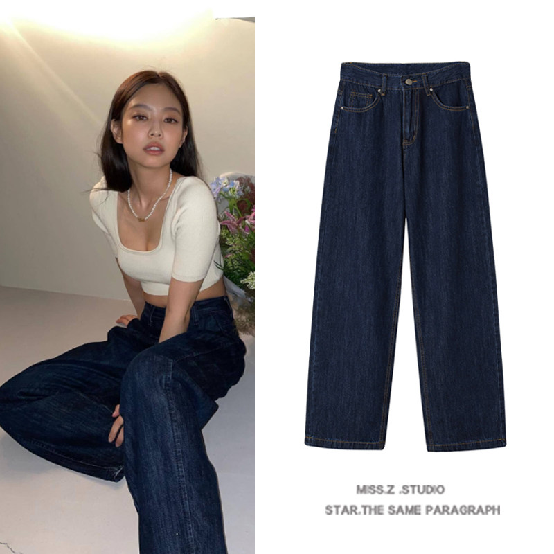 jennie金智妮同款韩版高腰牛仔裤宽松阔腿直筒老爹拖地裤早秋新款