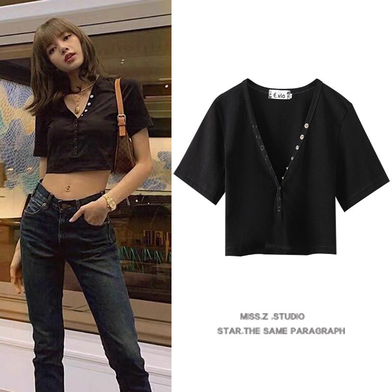 lisa金泫雅同款博主法式小众修身显瘦V领短款上衣T恤女2020夏季新