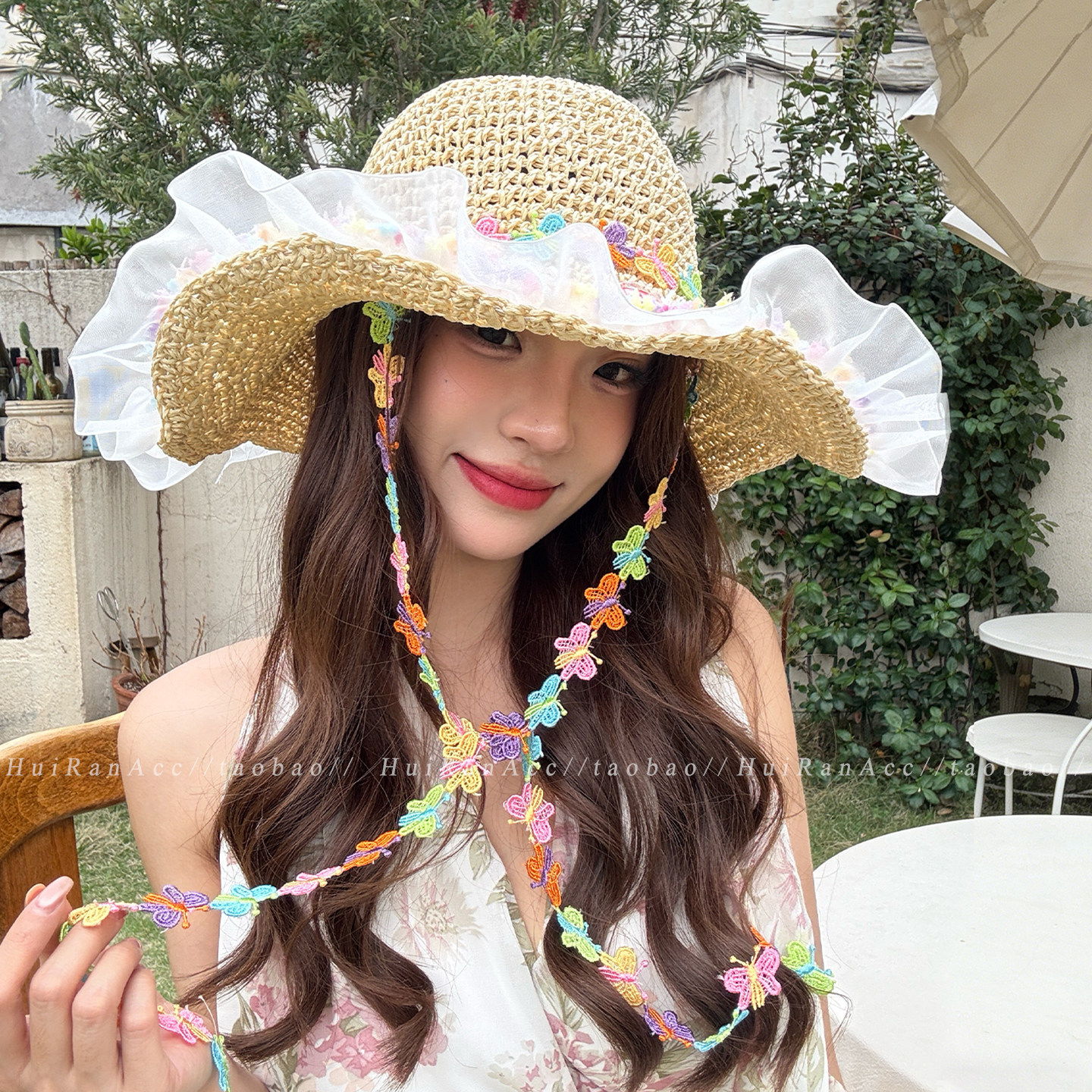 彩色蝴蝶蕾丝花边草帽女春夏季大帽檐遮阳防晒帽子海边沙滩太阳帽